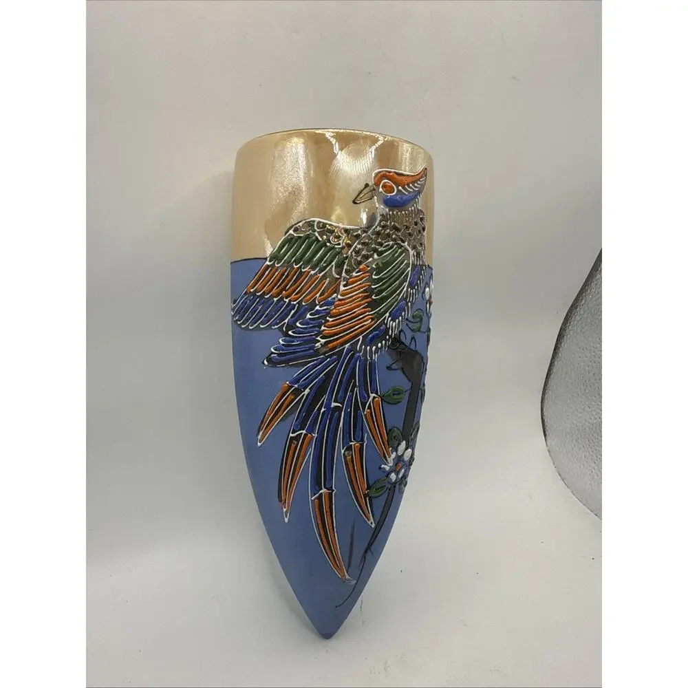 Vintage WALL POCKET Large Peach Lusterware Bird of Paradise 8.5